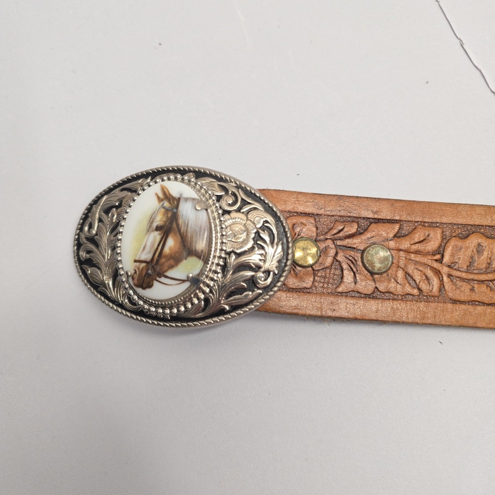 Vintage Tooled Leather Belt Horse Head Buckle Brown Floral Western Mens 34/36